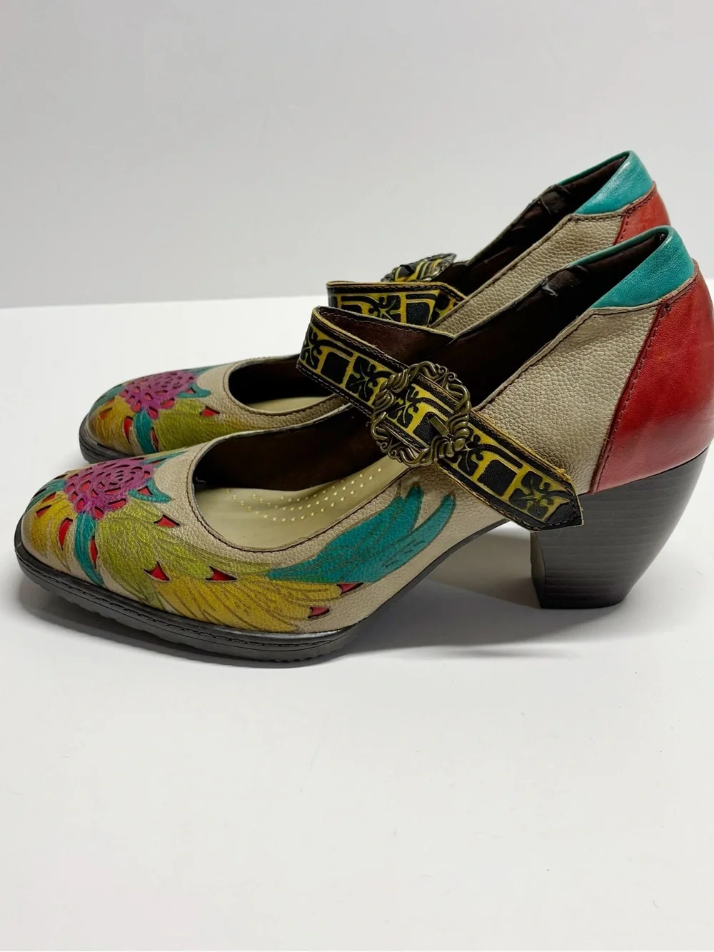 Floral Multicolor Mary Jane Heels in Teal, Pink & Red